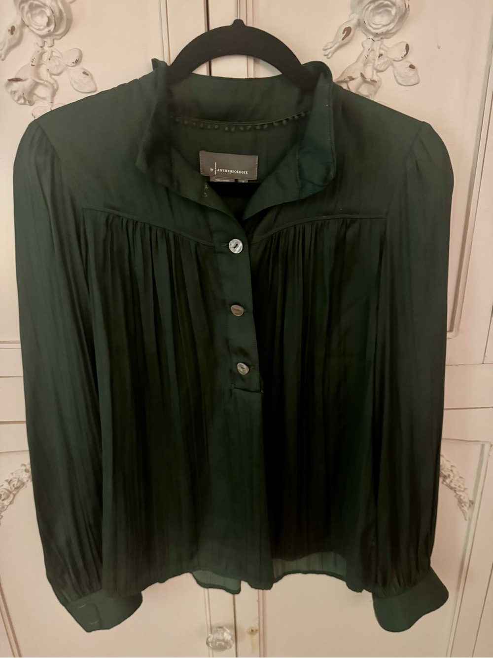Anthropologie Dark Green Pleated Button-Front Blouse